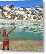 Woman On Swiss White Lake Trekking #1 Metal Print