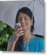 Woman Reading Sms On Mobile Phone #1 Metal Print
