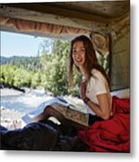 Woman Resting In Open Camper, Reading Map. River In Background #1 Metal Print