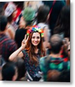 Young Woman Making Victory Sign With Hand Enjoying The Protest #1 Metal Print
