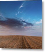Agricultural Meadow Field And Cloudy Sky During Sunset. Metal Print