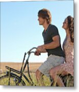 Couple Riding Bicycle In Tall Grass #2 Metal Print