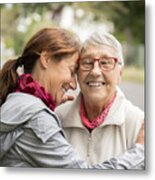Happy Senior Woman And Caregiver Walking Outdoors #3 Metal Print