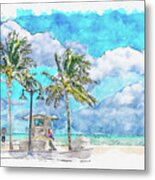 Watercolor Painting Illustration Of Seafront Beach Promenade With Palm Trees In Fort Lauderdale Metal Print