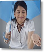 Woman With Umbrella Enjoying The Rain #3 Metal Print