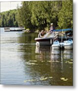 50+ Friends Enjoying Vacations On A Small Boat. Metal Print