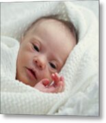 A Baby Cuddled Up In A White Blanket Metal Print