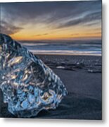 A Big Block Of Ice On The Beach At Sunrise, Near The Jokulsarlon Lagoon In South Iceland, Also Calle Metal Print