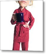 A Blonde Caucasian Woman Wearing Slippers And Red Pajamas With A Red Robe Holds Her Mug And Looks Very Sleepy And People Metal Print