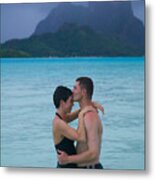 A Caucasian Couple Embrace In The Shallow Water At A Tropical Beach Metal Print