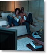 A Couple Eating Chinese Food Watching Television Metal Print