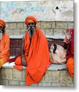 A Day In The Life Of Varanasi - Sadhus On The Ghats Of The Ganges River Metal Print