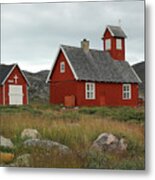 A Little Red Wooden Church In An Arctic Landscape With Cloudy Sky Metal Print