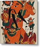 A Men Sheu Brandishing Two Swords, With A Small Figure Carrying A Flower At His Sid Metal Print