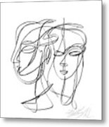 A One-line Abstract Drawing Depicting Two Faces In A Symbiotic Relationship Metal Print