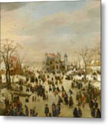A Panoramic Winter Landscape With A Multitude Of Figures On A Frozen River Metal Print