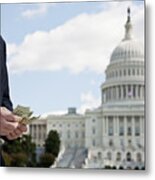 A Politician Counting Money In Front Of The Us Capitol Building Metal Print
