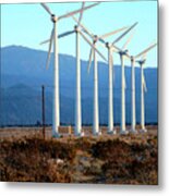 A Row Of Wind Turbines To Produce Green Energy In The Palm Springs Area Of California. Metal Print