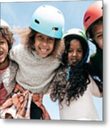 Adorable Multi-ethnic Group Of Kids Wearing Helmets And Looking To The Camera With Happiness Metal Print