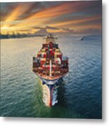 Aerial Front View Container Cargo Ship Full Carrier Container With Terminal Commercial Port Background For Business Logistics, Import Export, Shipping Or Freight Transportation. Metal Print