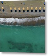 Aerial View From A Flying Drone Of Beach Umbrellas In A Row On A Metal Print