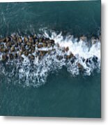 Aerial View From A Flying Drone Of Blue Sea Water And Break Water. Sea Wall Coastline Metal Print