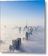 Aerial View Of Dubai Frame And Skyline Covered In Dense Fog During Winter Season Metal Print