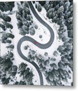 Aerial View Of Winding Road In Winter Forest Metal Print
