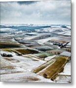 Aerial View Of Winter Landscape With Remote Settlements And Snow Covered Fields In Austria Metal Print