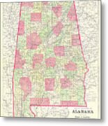 Alabama Map Wtih Counties, Circa 1884 Metal Print