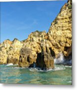 Algarve Gold Coast Sail - Breaking Waves Jewel Toned Ocean And Tall Cliffs In Lagos Portugal Metal Print