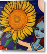 Aliens And Sunflowers Metal Print