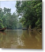 Amazonian Tropical Rainforest Environment With Calm River And Canoe Metal Print