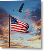 American Flag On Old Flagpole At Sunset With Eagle Metal Print
