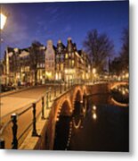 Amsterdam Canals And Typical Canal Houses At Dusk Metal Print