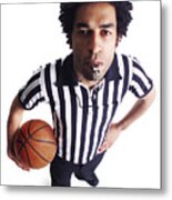 An African American Male Referee Blows His Whistle As He Looks Up At The Camera Metal Print