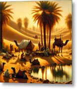 An Arabian Caravan At An Oasis, With Palm Trees And Desert Dunes Metal Print