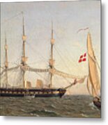 An English Frigate At Anchor, Drying Sails And A Danish Pilot Boat Metal Print