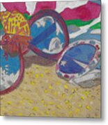 At The Beach Sunglasses Lying On The  Sand With A Hermit Crab And Beach Towel Metal Print