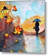 Autumn Rain Watercolor Painting Metal Print