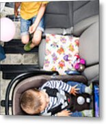 Baby And Big Brother Watching Movie In Car Metal Print