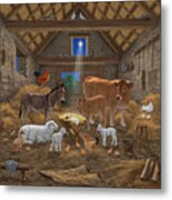 Baby Jesus Divine Manger Holy Night Christmas Nativity Scene Barnyard Farm Animals Metal Print