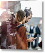 Backpacker Couple At The Airport Metal Print