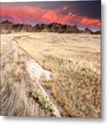 Badlands And Prairie Field At Sunset Metal Print
