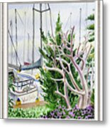 Beach House Window View To Marina Watercolor Metal Print