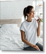 Beautiful Happy Girl Holding Drinking Water From Glass In The Morning Metal Print