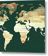 Beige Marble On Dark Emerald Watercolor World Map Metal Print