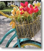Bicycle With A Basket Of Tulips, Mcclellanville, South Carolina Metal Print