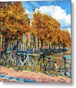 Bicycles Along The Canals In Autumn Metal Print