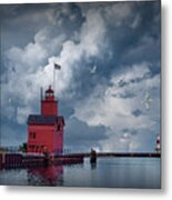 Big Red Lighthouse With Large Cloudy Sky And Flying Gulls At Ott Metal Print